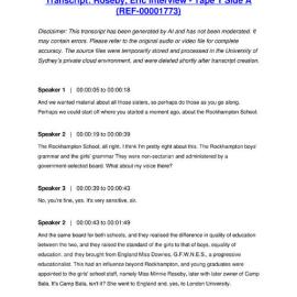 Roseby, Eric Interview - Tape 1 Side A - Transcript