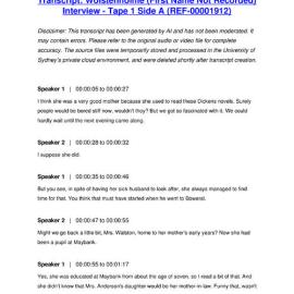 Wolstenholme (First Name Not Recorded) Interview - Tape 1 Side A - Transcript