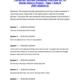 Michael Callaghan Interview for Tin Sheds History Project - Tape 1 Side B - Transcript