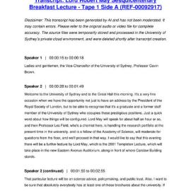 Lord Robert May Sesquicentenary Breakfast Lecture - Tape 1 Side A - Transcript