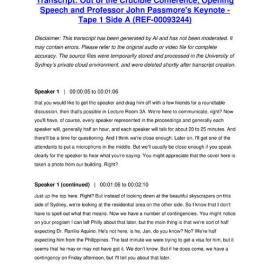 Out of the Crucible Conference, Opening Speech and Professor John Passmore's Keynote - Tape 1 Side A - Transcript