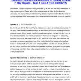 Scientists and Science in Society Lecture 7, Ray Haynes - Tape 1 Side A - Transcript