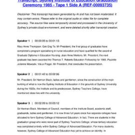 Sydney Institute of Education Graduation Ceremony 1985 - Tape 1 Side A - Transcript