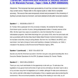Scientists and Science in Society Lecture 2, Dr Warwick Forrest - Tape 1 Side A - Transcript