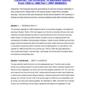 The University - A Backward Glance, From 1939 to 1889 Part 1 - Transcript