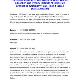 Institute of Technical and Adult Teacher Education and Sydney Institute of Education Graduation Ceremony 1983 - Tape 1 Side A - Transcript