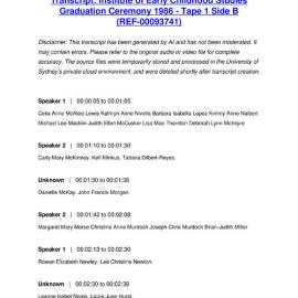 Institute of Early Childhood Studies Graduation Ceremony 1986 - Tape 1 Side B - Transcript