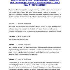 Centre for Human Aspects of Science and Technology Lecture 2, Merrilyn Sleigh - Tape 1 Side A - Transcript