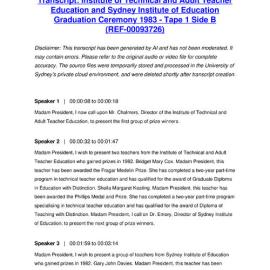 Institute of Technical and Adult Teacher Education and Sydney Institute of Education Graduation Ceremony 1983 - Tape 1 Side B - Transcript