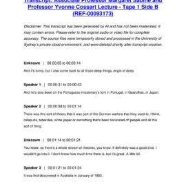 Associate Professor Margaret Sabine and Professor Yvonne Cossart Lecture - Tape 1 Side B - Transcript