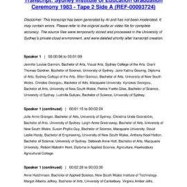 Sydney Institute of Education Graduation Ceremony 1983 - Tape 2 Side A - Transcript