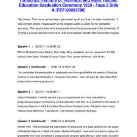 Institute of Technical and Adult Teacher Education Graduation Ceremony 1989 - Tape 2 Side A - Transcript