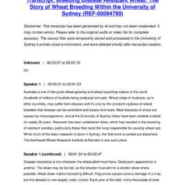 Breeding Disease Resistant Wheat: The Story of Wheat Breeding Within the University of Sydney - Transcript