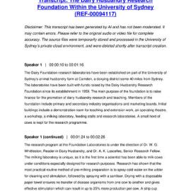 The Dairy Husbandry Research Foundation Within the University of Sydney - Transcript