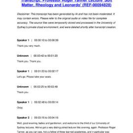 Professor Roger Tanner Lecture 'Soft Matter, Rheology and Leonardo' - Transcript