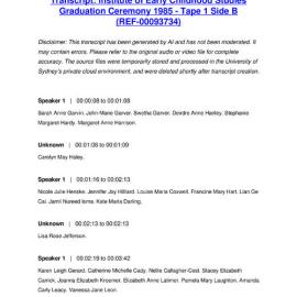 Institute of Early Childhood Studies Graduation Ceremony 1985 - Tape 1 Side B - Transcript