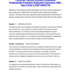Sydney Institute of Education Postgraduate Programs Graduation Ceremony 1989 - Tape 2 Side A - Transcript