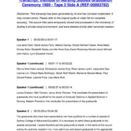 Institute of Nursing Studies Graduation Ceremony 1989 - Tape 2 Side A - Transcript