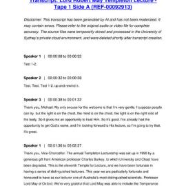 Lord Robert May Templeton Lecture - Tape 1 Side A - Transcript