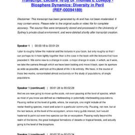 Lecture 16 by Dr Thomas E Lovejoy - Biosphere Dynamics: Diversity in Peril - Transcript