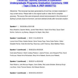 Sydney Institute of Education Undergraduate Programs Graduation Ceremony 1989 - Tape 2 Side A - Transcript