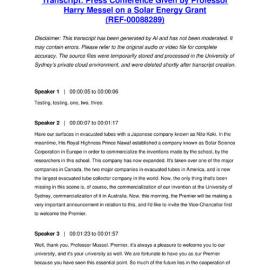 Press Conference Given by Professor Harry Messel on a Solar Energy Grant - Transcript