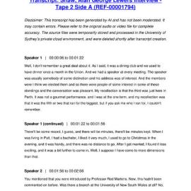 Shaw, Alan George Lewers Interview - Tape 2 Side A - Transcript