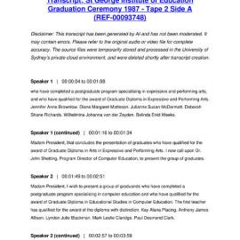 St George Institute of Education Graduation Ceremony 1987 - Tape 2 Side A - Transcript