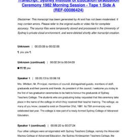 Sydney Institute of Education Graduation Ceremony 1982 Morning Session - Tape 1 Side A - Transcript