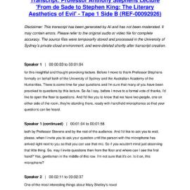 Professor Anthony Stephens Lecture 'From de Sade to Stephen King: The Literary Aesthetics of Evil' - Tape 1 Side B - Transcript