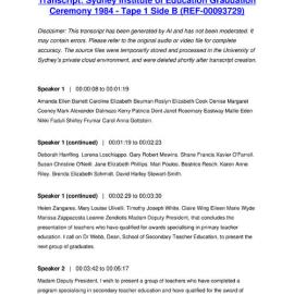 Sydney Institute of Education Graduation Ceremony 1984 - Tape 1 Side B - Transcript