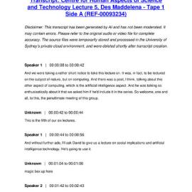 Centre for Human Aspects of Science and Technology Lecture 5, Des Maddelena - Tape 1 Side A - Transcript