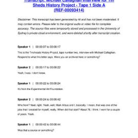 Michael Callaghan Interview for Tin Sheds History Project - Tape 1 Side A - Transcript