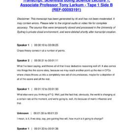Scientists doing Science Lecture 1, Associate Professor Tony Larkum - Tape 1 Side B - Transcript