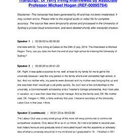 Dr Terry Irving Interviewed by Associate Professor Michael Hogan - Transcript
