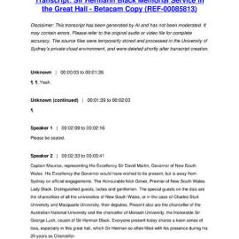 Sir Hermann Black Memorial Service in the Great Hall - Betacam Copy - Transcript