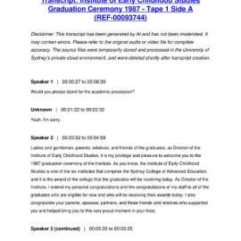 Institute of Early Childhood Studies Graduation Ceremony 1987 - Tape 1 Side A - Transcript