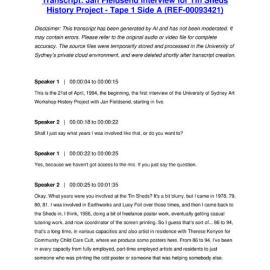 Jan Fieldsend Interview for Tin Sheds History Project - Tape 1 Side A - Transcript