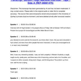 Gordon, Hugh Macleod Interview - Tape 1 Side A - Transcript