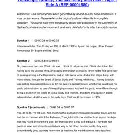 Kewley, Thomas Henry Interview - Tape 1 Side A - Transcript