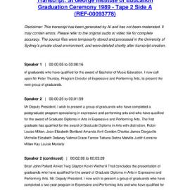 St George Institute of Education Graduation Ceremony 1989 - Tape 2 Side A - Transcript