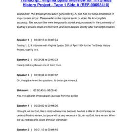 Virginia Spate Interview for Tin Sheds History Project - Tape 1 Side A - Transcript