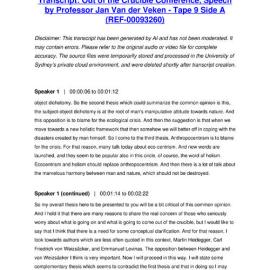 Out of the Crucible Conference, Speech by Professor Jan Van der Veken - Tape 9 Side A - Transcript