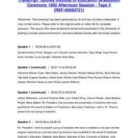 Sydney Institute of Education Graduation Ceremony 1982 Afternoon Session - Tape 2 - Transcript