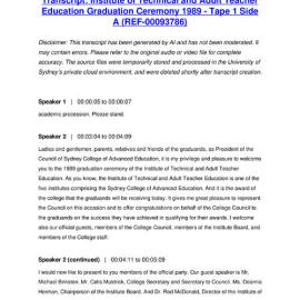 Institute of Technical and Adult Teacher Education Graduation Ceremony 1989 - Tape 1 Side A - Transcript