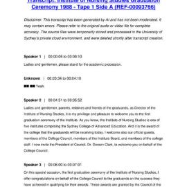 Institute of Nursing Studies Graduation Ceremony 1988 - Tape 1 Side A - Transcript