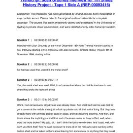 Joan Grounds Interview for Tin Sheds History Project - Tape 1 Side A - Transcript