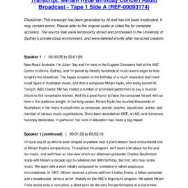 Miriam Hyde Birthday Concert Radio Broadcast - Tape 1 Side A - Transcript