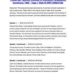 Sydney Institute of Education Graduation Ceremony 1985 - Tape 1 Side B - Transcript