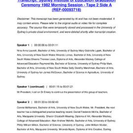 Sydney Institute of Education Graduation Ceremony 1982 Morning Session - Tape 2 Side A - Transcript